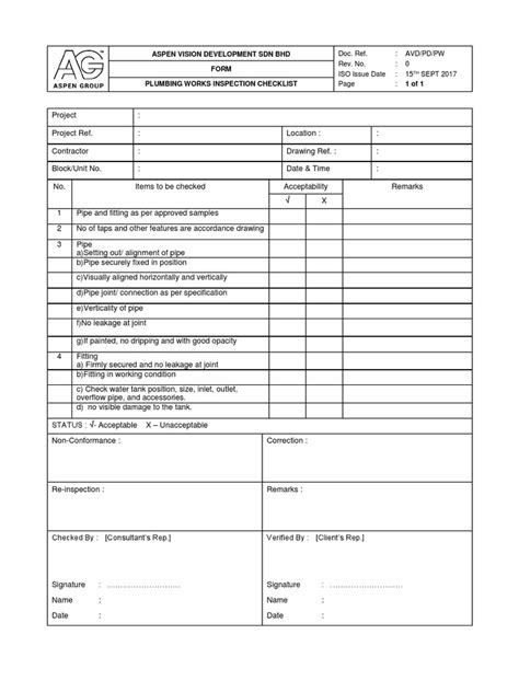 Printable Plumbing Inspection Checklist Form - Printable Forms Free Online