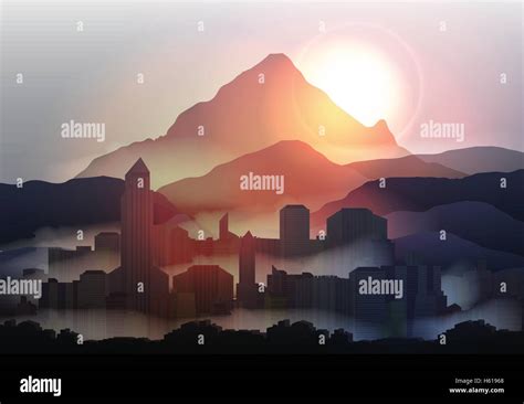 City Skyline At Sunset In The Mountains Vector Illustration Stock