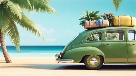 Premium Photo Green Car With Luggage Ready For Summer Holidays D