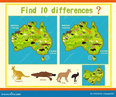 Find The Difference On The Map Of Australia With The Animals Stock