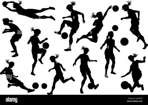 Female Soccer Football Player Woman Silhouette Set Stock Vector Image ...