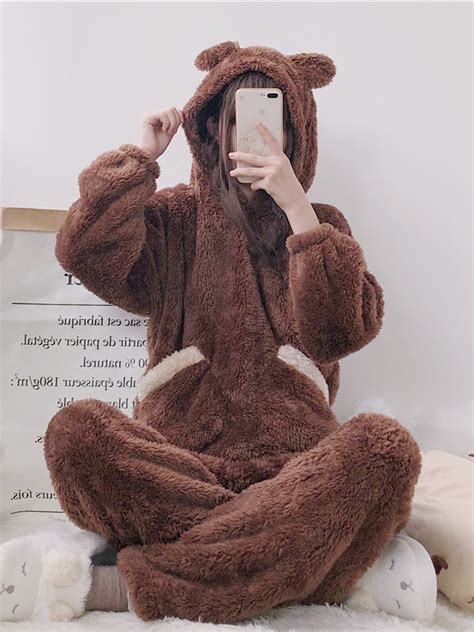 Women Bear Plush Hooded Pajama Set Cute Pajama Sets Cute Pajamas