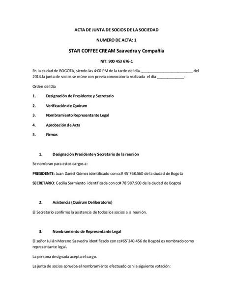 Acta De Junta De Socios Nombramiento Representante Legal