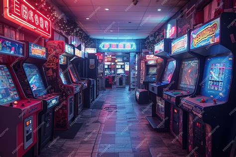 Premium Photo Retro Game Room With Vintage Arcade Machines And A Neon Signsuper Detailed