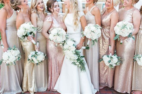 Mismatched Bridesmaid Dresses White Roses Flowers Gold Champagne