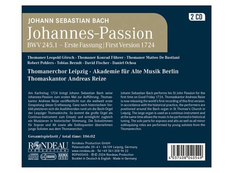 Thomasshop Cd Johannes Passion Bwv Erste Fassung