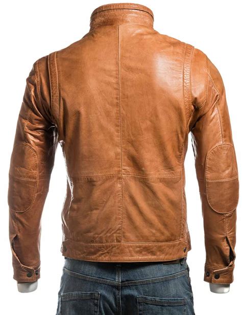 Funnel Tan Neck Leather Jacket For Mens Hjackets