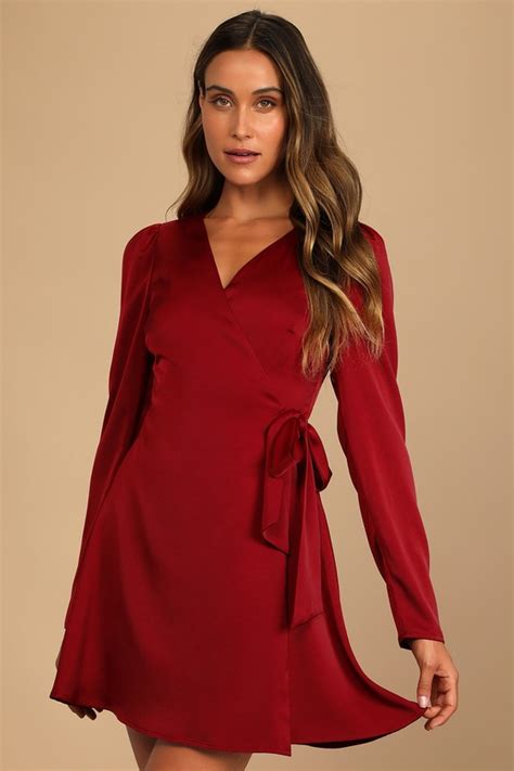 Wine Red Satin Dress Long Sleeve Mini Dress Mini Wrap Dress Lulus