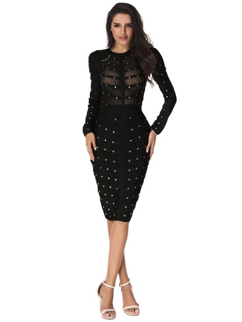 Adyce New Women Black Lace Bandage Dress Autumn Midi Long Sleeve