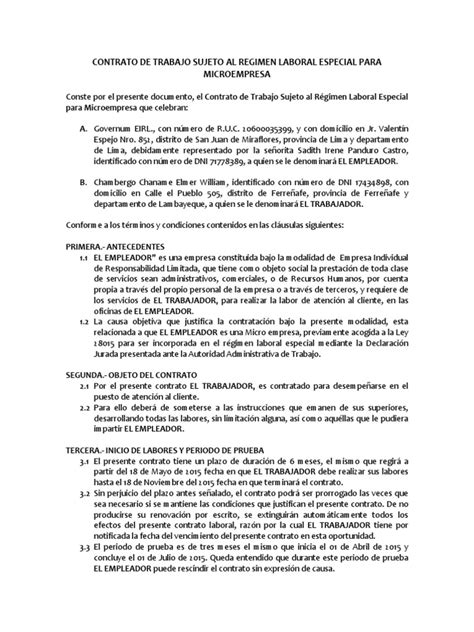 Contrato De Trabajo Sujeto Al Regimen Laboral Especial Para Microempresa3 Derecho Laboral