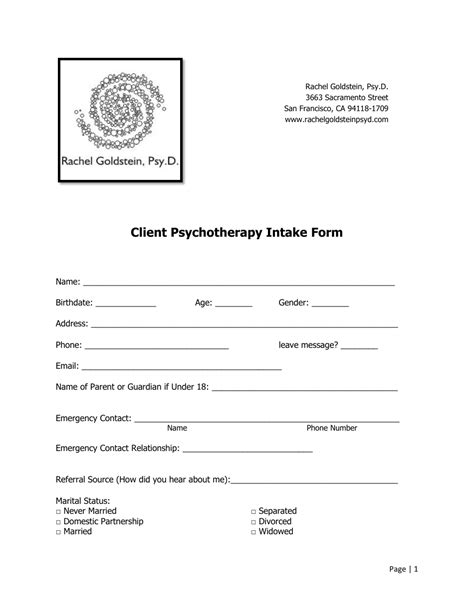 Psychotherapy Intake Form Template Free Sample Example And Format Template