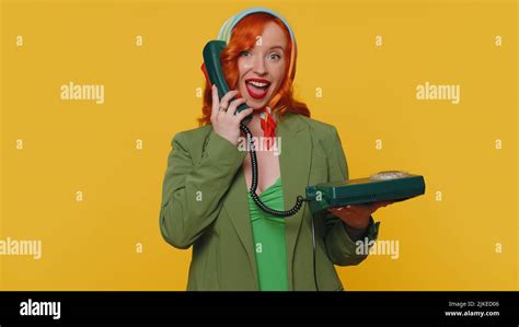 Hey You Call Me Back Cheerful Ginger Woman Secretary In Jacket Talking On Wired Vintage