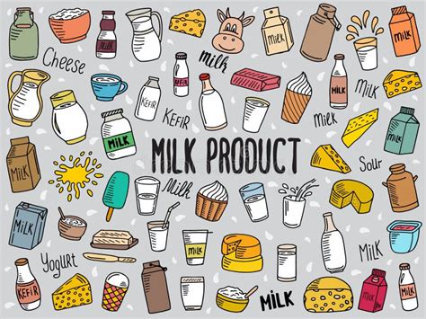 Doodle Dairy And Milk Products Vector Hand Drawn Icons Stock Vector