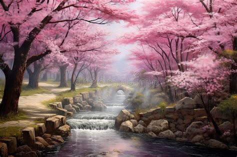 Cherry Blossom in the Park, Digital Painting of Cherry Blossom Stock ...