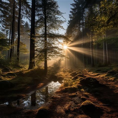 Premium Photo Forest Glow Rays Of Sunlight Passing Through The Trees