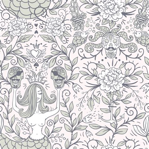 Vector Vintage Seamless Pattern With Naked Mermaids Background Print