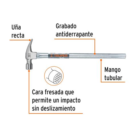 Martillo tubular pulido 20oz cara fresada uña recta Truper Martillos