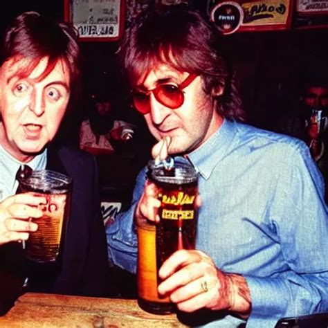 Paul Mccartney And Old John Lennon Drinking Beer At A Stable Diffusion