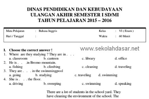 Soal Uas Bahasa Inggris Semester 1 Kelas 6 Sd Mi Latihan Ukg