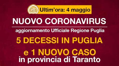 Covid 19 Oggi 5 Decessi In Puglia 1 Nuovo Caso Positivo Nella