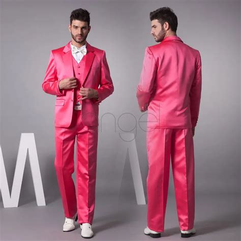 Hot Pink Satin Groom Tuxedo Set With Red Jackets Pants Tie And Vest