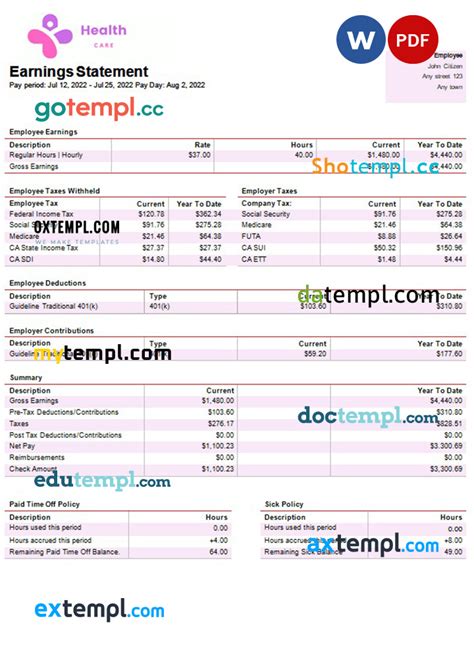 health services company paystub template in Word and PDF formats