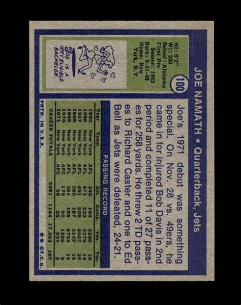 1972 Topps Set Break 100 Joe Namath EX EXMINT GMCARDS EBay