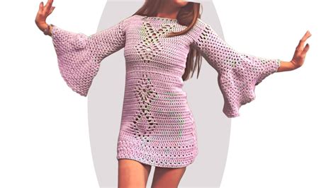 Crochet Dress Pattern 70s Bell Sleeve Particle Beginner Vintage Cottagecore Y2k Dress Etsy