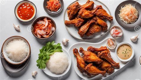 Deep Fried Chicken Wing Plate With Garlic Sauce In Korean Style Serve With Rice Kimchi And