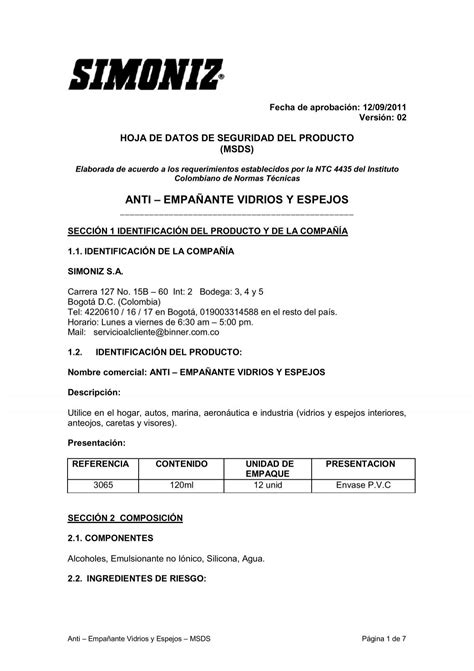 HOJA DE DATOS DE SEGURIDAD Simoniz