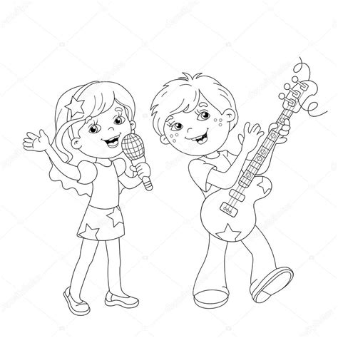 coloring page outline  boy  girl singing  song