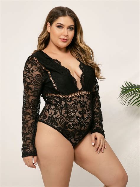 Sexy Plus Size Flower Embroidery Lace Bodysuit