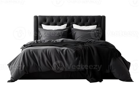 Opulent Black Bed Adorned With Luxurious Dark Bedding And Contrasting White Pillows Offering A