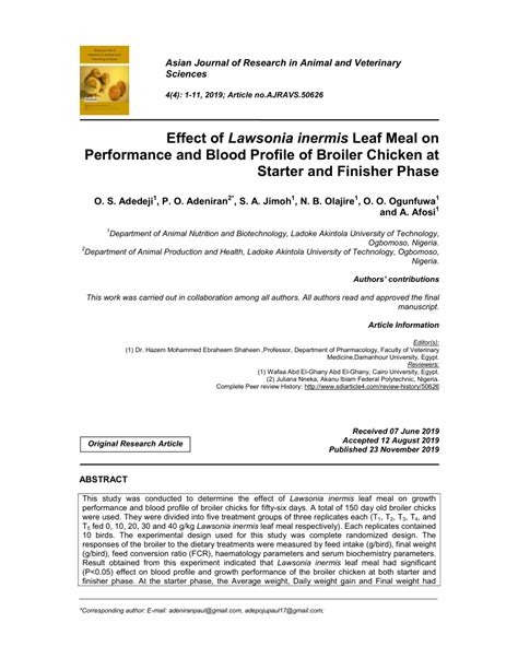 Pdf Effect Of Lawsonia Innermis Leaf Meal On Performance And Blood