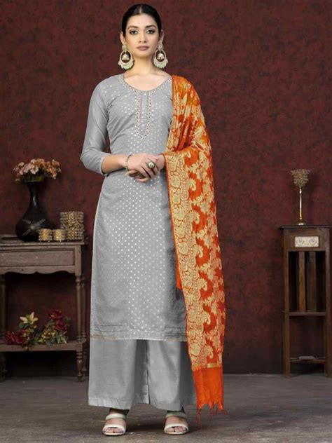 Grey Banarasi Jacquard Embroidered Casual Festival Pant Salwar Kameez