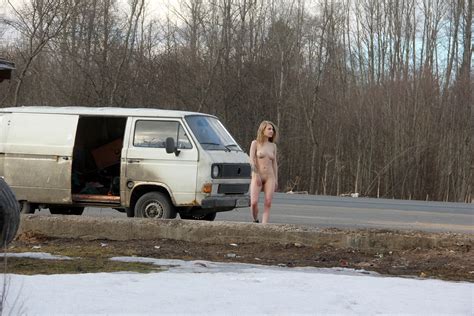 Naked Blonde Eva Gold Walks In The Parking Lot On The Highway Russian