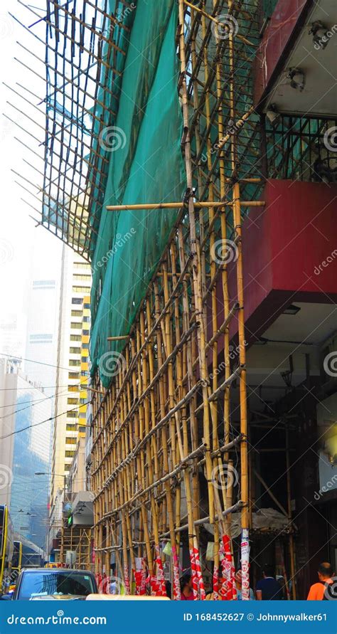 Intricate Bamboo Scaffolding On Building In Hong Kong Business District