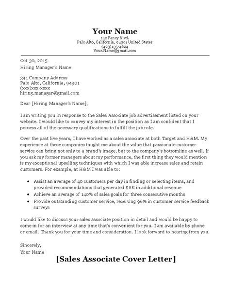 Sales Associate Cover Letter Templates At