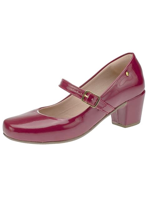 Sapato Feminino Retrô Scarpin Boneca Salto Baixo Bloco Confort Verniz