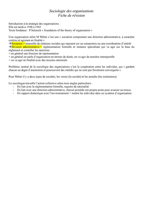 Fiche de révision socio Gérard Sociologie des organisations Fiche de