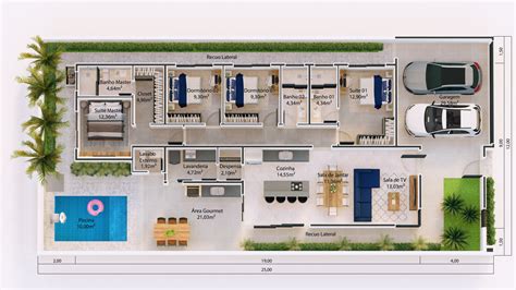 Planta De Casa Térrea Com Pé Direito Alto E 4 Dormitórios