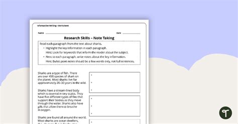 Research Skills Worksheets Note Taking Teach Starter Worksheets