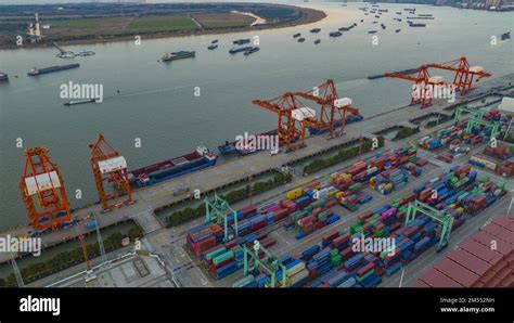 Aerial photo shows the busy scene at the wharf of Zhangjiagang Port in ...