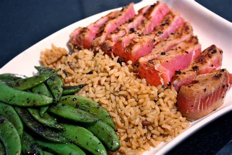 Have Her Over For Dinner Pan Seared Tuna Steak With Wild Rice And Sugar Snap Peas