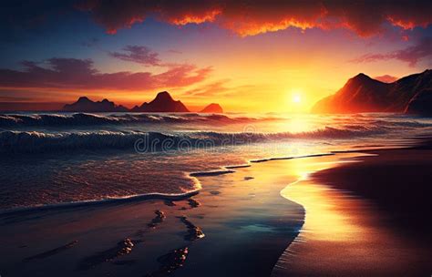 Romantic beach at sunset stock illustration. Illustration of romantic ...