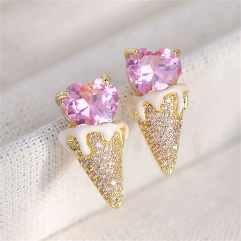 Honey Girl Sweet Pink Heart Zircon Cone Ice Cream K Gold Plated