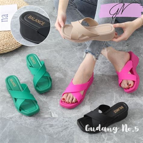 Jual Gn Sandal Selop Wedges Tali Silang Import Balance Pcu