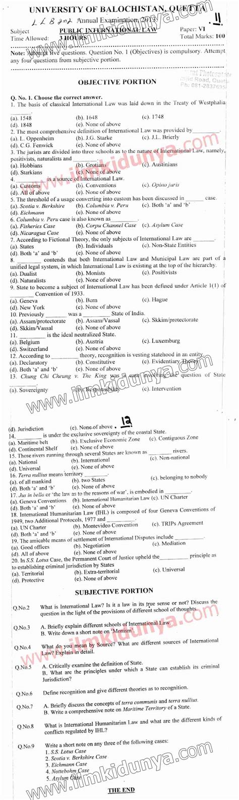 Past Papers 2013 Balochistan University Llb Part 2 Public International Law