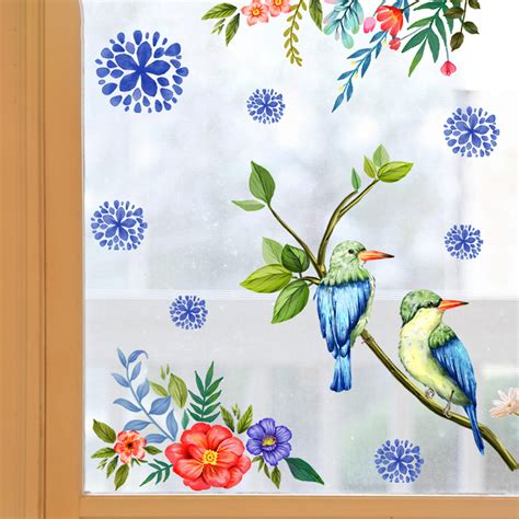 Raamsticker Zelfklevend Vogels Op Tak Met Blauwe Decoratie