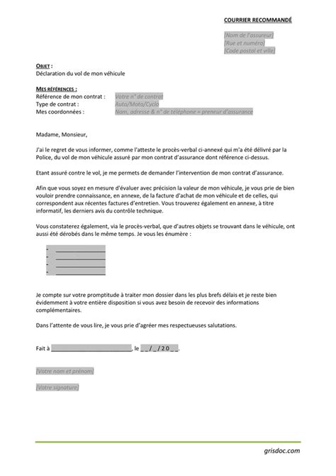 Modelé de déclaration du vol de véhicule DOC PDF page 1 sur 1